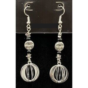 Handmade Moon Stars Hollow Caged Orbs & Black Glass Bead Earrings by Neanie-Bot